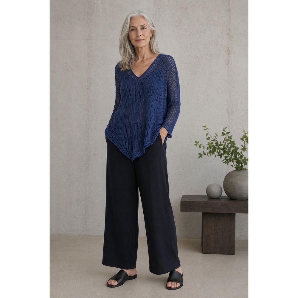 Eileen Fisher‎ Blue Knit V Neck Asymmetrical Hem Tunic Top Size Small